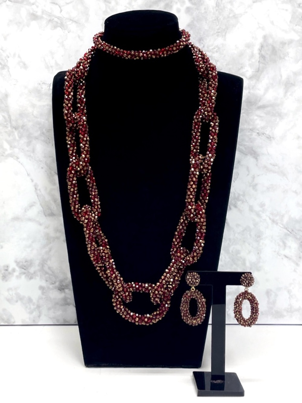 Chicos Red Lumi Beaded Necklace Earring Set Long Glass Statement Jewelry